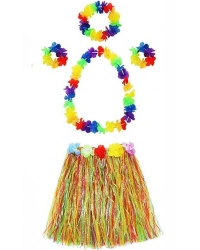 Yetişkin ve Çocuk Uyumlu Luau Aloha Hawaii  Kolye Renkli Etek Taç ve Bileklik Seti