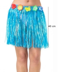 Yetişkin ve Çocuk Uyumlu Mavi Renk Püsküllü Hawaii Luau Hula Etek 40 cm