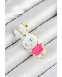 Zirkon Taş Detaylı Beyaz Ve Pembe 3D Tavşan Figürlü Kadın Broş