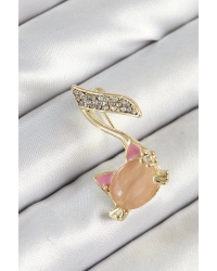 Zirkon Taşlı 3D Kedi Detaylı Nota Figürlü Gold Renk Kadın Broş