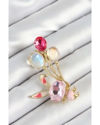 Zirkon Taşlı  Balonlu Pembe Tavşan Figürlü Gold Renk Kadın Broş