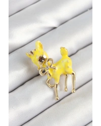 Zirkon Taşlı Fiyonk Detaylı 3D Sarı Ceylan Figürlü Gold Renk Kadın Broş