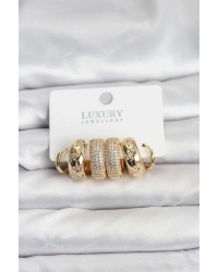 Zirkon Taşlı Pirinç Gold Renk Halka Kadın Küpe Seti