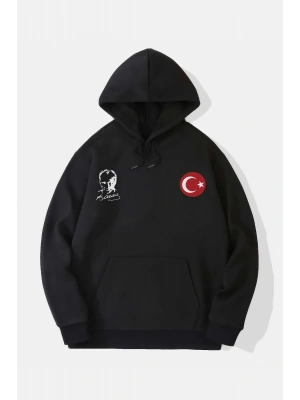 10 Kasıma Özel Üç İplik Kapüşonlu Baskılı SweatShirt - Siyah