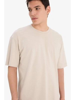 %100 Pamuk Oversize Geniş Kalıp Bisiklet Yaka Basic Düz Kısa Kollu Tişört Bej