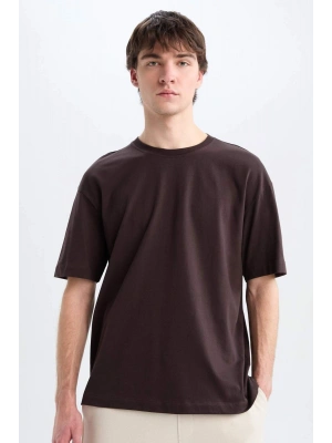 %100 Pamuk Oversize Geniş Kalıp Bisiklet Yaka Basic Düz Kısa Kollu Tişört Kahverengi