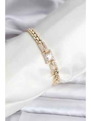 14K Gold Renk Kaplama Zirkon Kare Taşlı CM Kadın Bileklik