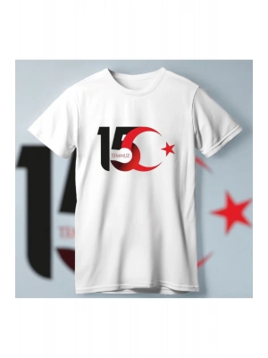 15 Temmuza Özel Tasarım Ay Yıldız Baskılı T-shirt - Beyaz