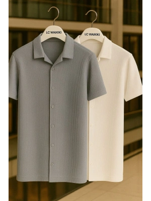 2 li Avantajlı Paket %100 Pamuk Kısa Kol Düğmeli Premium Erkek Waffle Gömlek