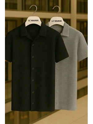 2 li Avantajlı Paket %100 Pamuk Kısa Kol Düğmeli Premium Erkek Waffle Gömlek