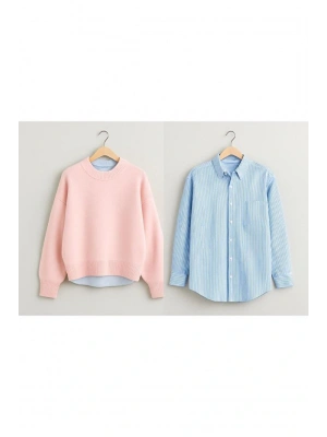 2 Li Kombin ( kazak + gömlek ) Kadın Oversize Kalıp Kışlık Kazak ve Çizgili Gömlek