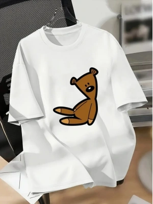 20/1 Penye Compack Ayı Baskılı Oversize Bisiklet Yaka Kısa Kol T-shirt - Beyaz