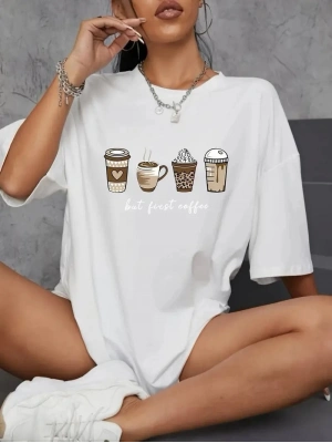 20/1 Penye Compack Baskılı Oversize Kahve Desenli Kadın Kısa Kol T-shirt - Beyaz