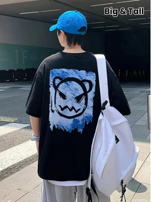 20/1 Penye Compack Bisiklet Yaka Kore tarzı sevimli ayı baskı Kısa Kol Erkek t-shirt - Siyah