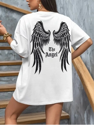 20/1 Penye Compack Dark Angel Baskılı Oversize Kısa Kol Yazlık T-shirt- Beyaz