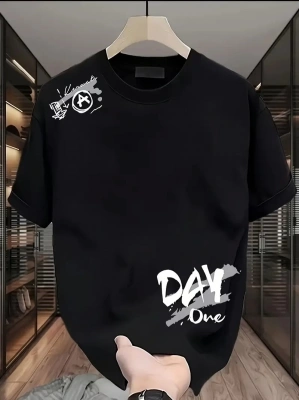 20/1 Penye Compack Day One Baskılı Oversize Bisiklet Yaka T-shirt - Siyah