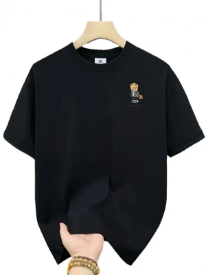 20/1 Penye Compack Gözlüklü Ayı Baskılı Oversize Bisiklet Yaka Erkek T-shirt - Siyah