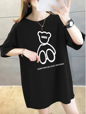 20/1 Penye Compack Ön Arka Baskılı Oversize Bisiklet Yaka T-shirt - Siyah