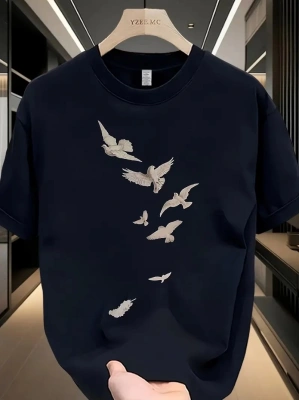 20/1 Penye Compack Özgür kuşlar Baskılı Baskılı Oversize Bisiklet Yaka T-shirt - Beyaz