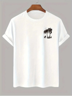 20/1 Penye Compack Palmiye Baskılı Oversize Bisiklet Yaka Kısa Kol T-shirt - Beyaz