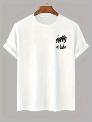 20/1 Penye Compack Palmiye Ön Baskılı Oversize Bisiklet Yaka Kısa Kol Yazlık T-shirt - Beyaz