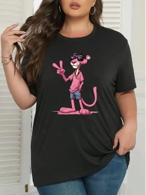 20/1 Penye Compack Pembe Panter Baskılı Oversize Bisiklet Yaka Kısa Kol Yazlık T-shirt - Beyaz