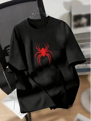 20/1 Penye Compack Spider Baskılı Oversize Unisex Kısa Kol Yazlık T-shirt - Siyah
