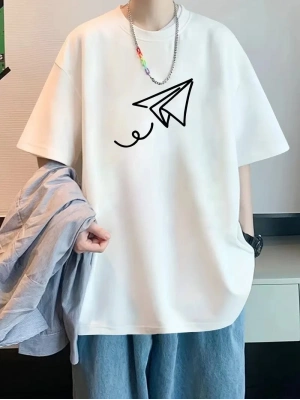 20/1 Penye Compack Uçak Baskılı Oversize Bisiklet Yaka Kısa Kol T-shirt - Beyaz