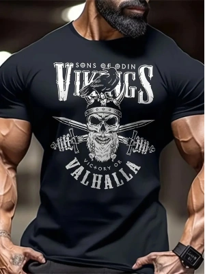 20/1 Penye Compack Vikings Valhalla Baskılı Oversize Bisiklet Yaka T-shirt - Siyah