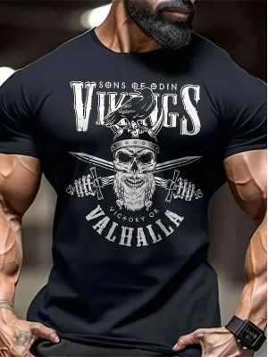 20/1 Penye Compack Vikings Valhalla Baskılı Oversize Bisiklet Yaka T-shirt - Siyah