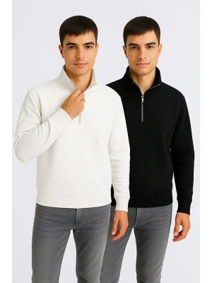 2li Paket Comfort Fit Dik Yaka Dokulu Yarım Fermuarlı Waffle Sweatshirt