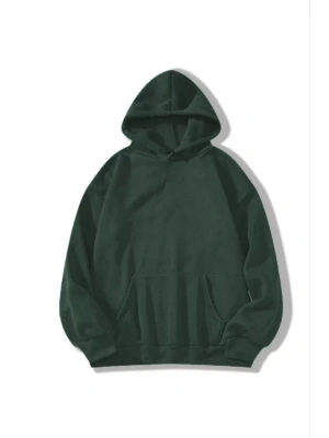 3 İplik Pamuklu Unisex Kapşonlu Sweetshirt - Haki