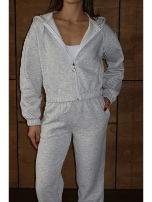 3 iplik şardonlu Kapşonlu fermuarlı kısa üst gri pat8590