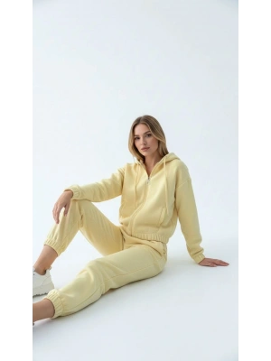 3 iplik şardonlu Kapşonlu fermuarlı kısa üst sarı pat8590