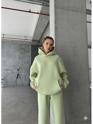 3 iplik şardonlu kapşonlu sweatshirt mint p510436