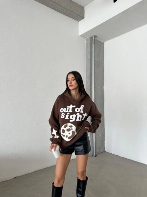 3 iplik şardonlu oversize out of baskılı sweat kahve