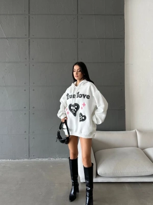 3 iplik şardonlu oversize true baskılı sweat Beyaz