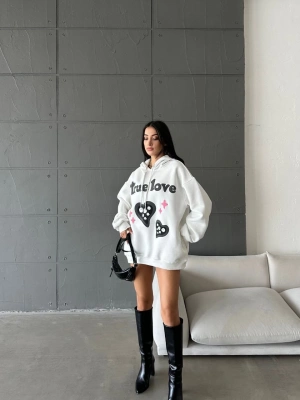 3 iplik şardonlu oversize true baskılı sweat Beyaz