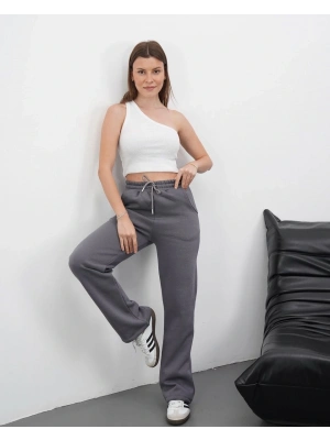 3 iplik şardonlu palazzo pantolon füme md64