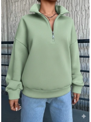 3 iplik Şardonlu yarım fermuarlı sweatshirt mint