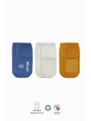 3Lü Basic Kaymaz Penye Soket Çorap 10107 İndigo Ekru Hardal