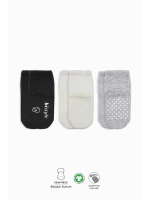 3Lü Basic Kaymaz Penye Soket Çorap 10107 Siyah Ekru Gri