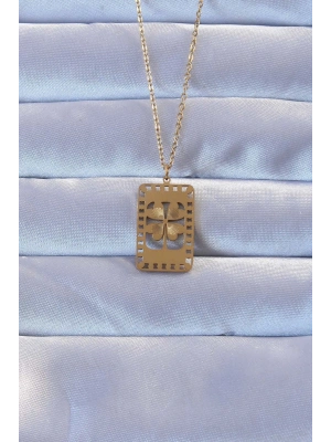 316L Altın Renk İşlemeli Yonca Model Vintage Kolye