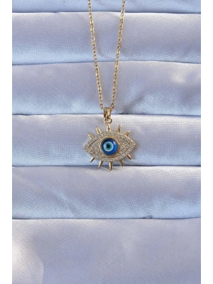 316L Altın Renk Zirkon Taşlı Nazarlı Göz Kolye