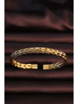 316L Çelik Altın Renk Kalın Yassı Örgü Model Erkek Bileklik