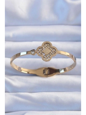 316L Çelik Altın Renk Zirkon Taşlı Simli Yonca Kelepçe