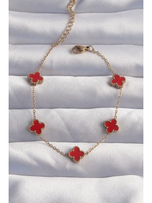 316L Çelik Baby Boy Gold Renk Kırmızı Mineli Yonca Bileklik