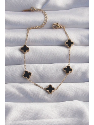 316L Çelik Baby Boy Gold Renk Siyah Mineli Yonca Bileklik