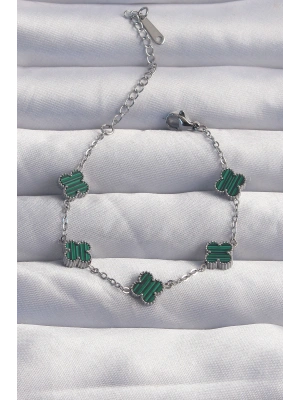 316L Çelik Baby Boy Gümüş Renk Çizgili Yeşil Mineli Yonca Bileklik