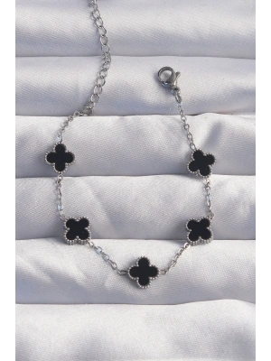 316L Çelik Baby Boy Gümüş Renk Siyah Mineli Yonca Bileklik